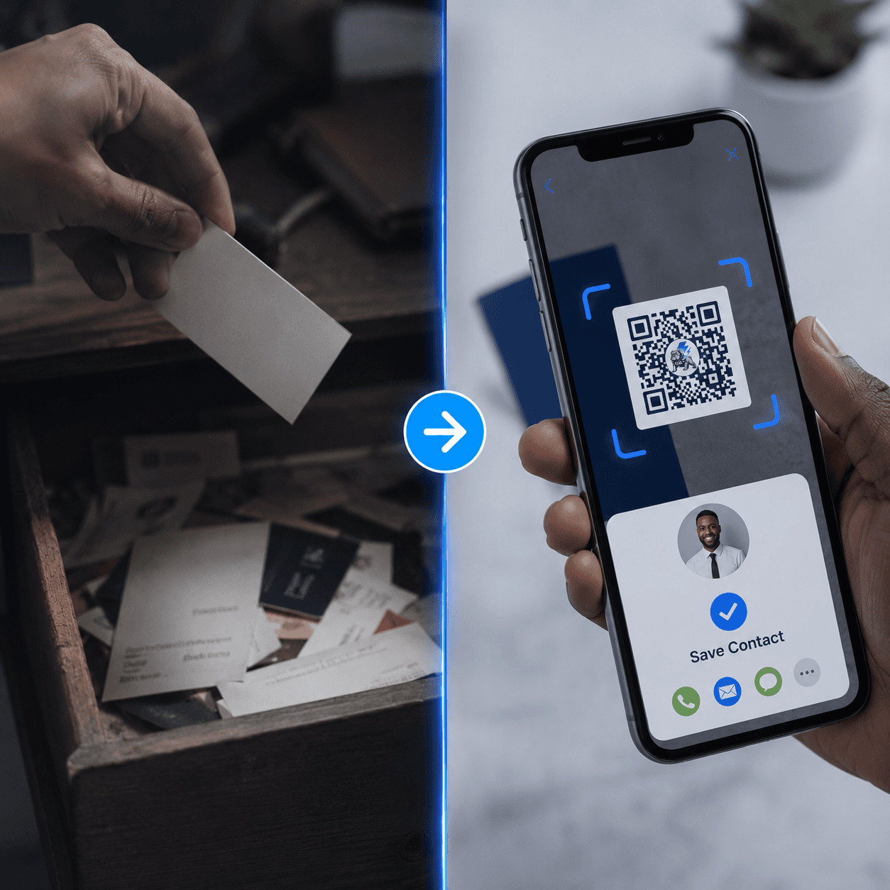 A paper business card being tossed into a drawer versus scanning a QR code to instantly save a contact